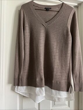 Hilary Radley Taupe V-Neck Sweater with White Chiffon Hem